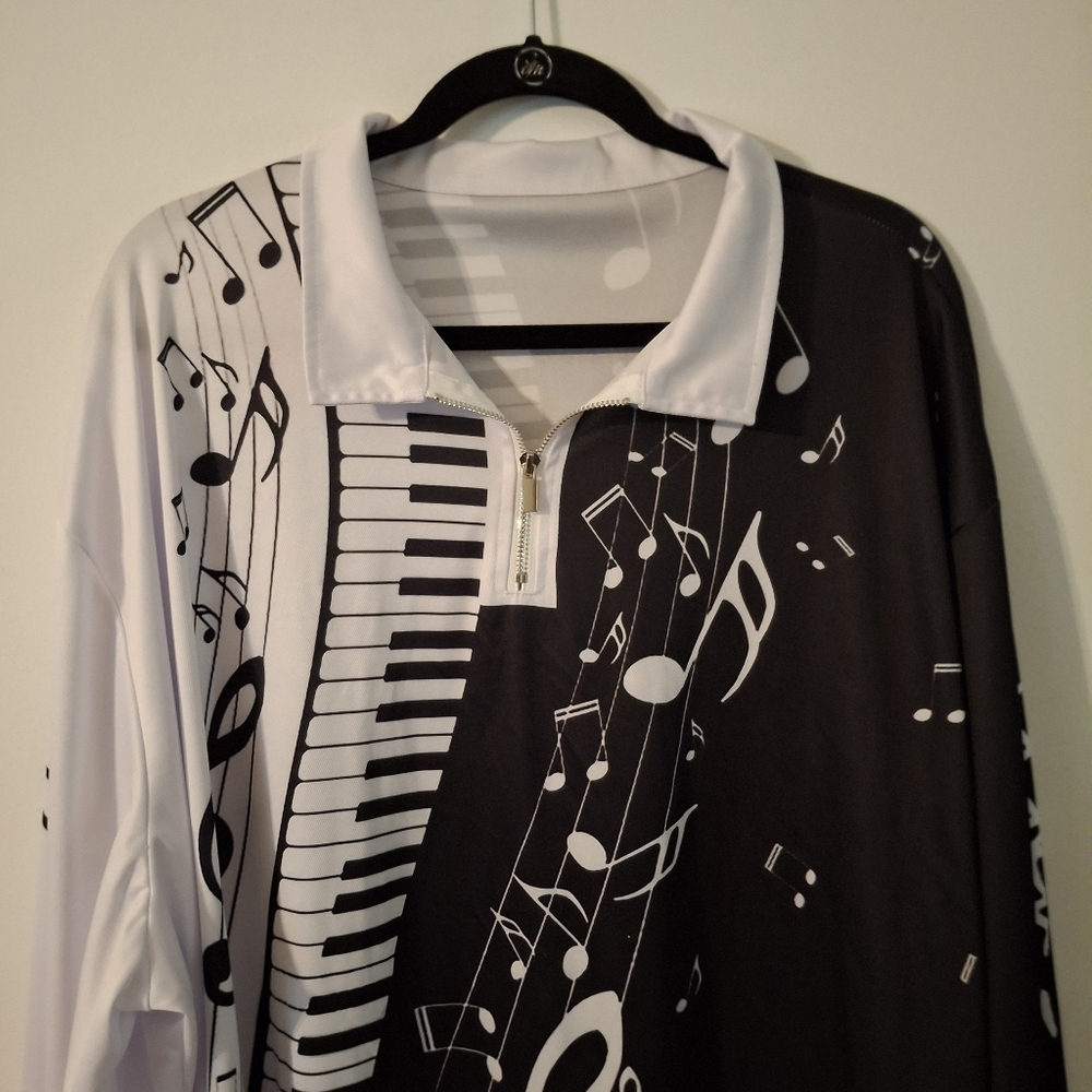 Black and White Musical Note Shirt With Front Zippper Detail
